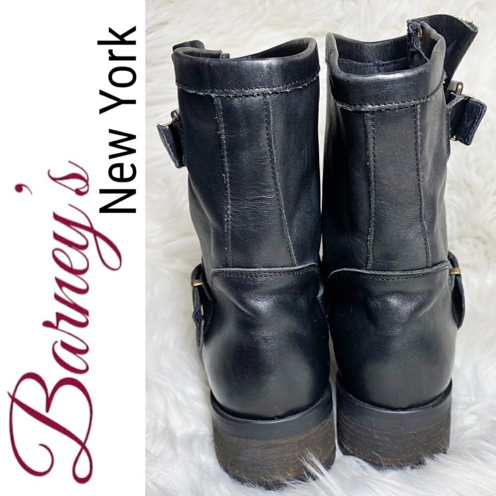 BARNEY'S NEW YORK Black Leather Moto Buckle Ankle Boots, Size 37 - Picture 6 of 11